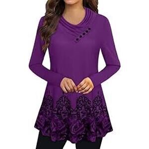 Gaharu Tunic Tops Women XXL Purple Stretch Long Sleeve Button Comfort Flattering
